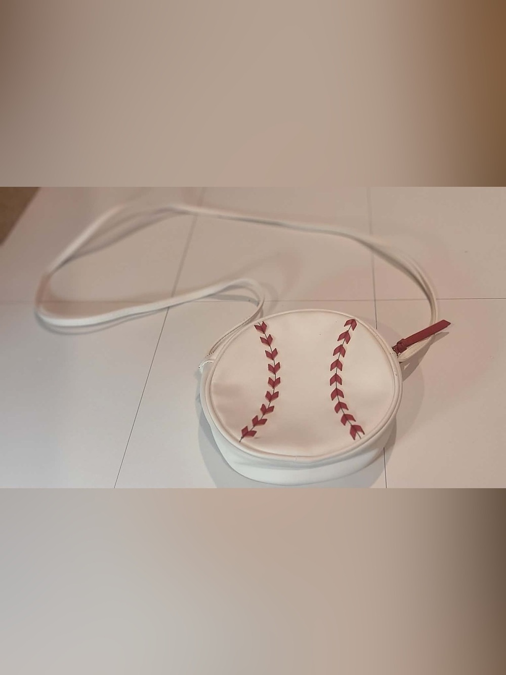 White Baseball-Stitch Crossbody Bag with Red Accent